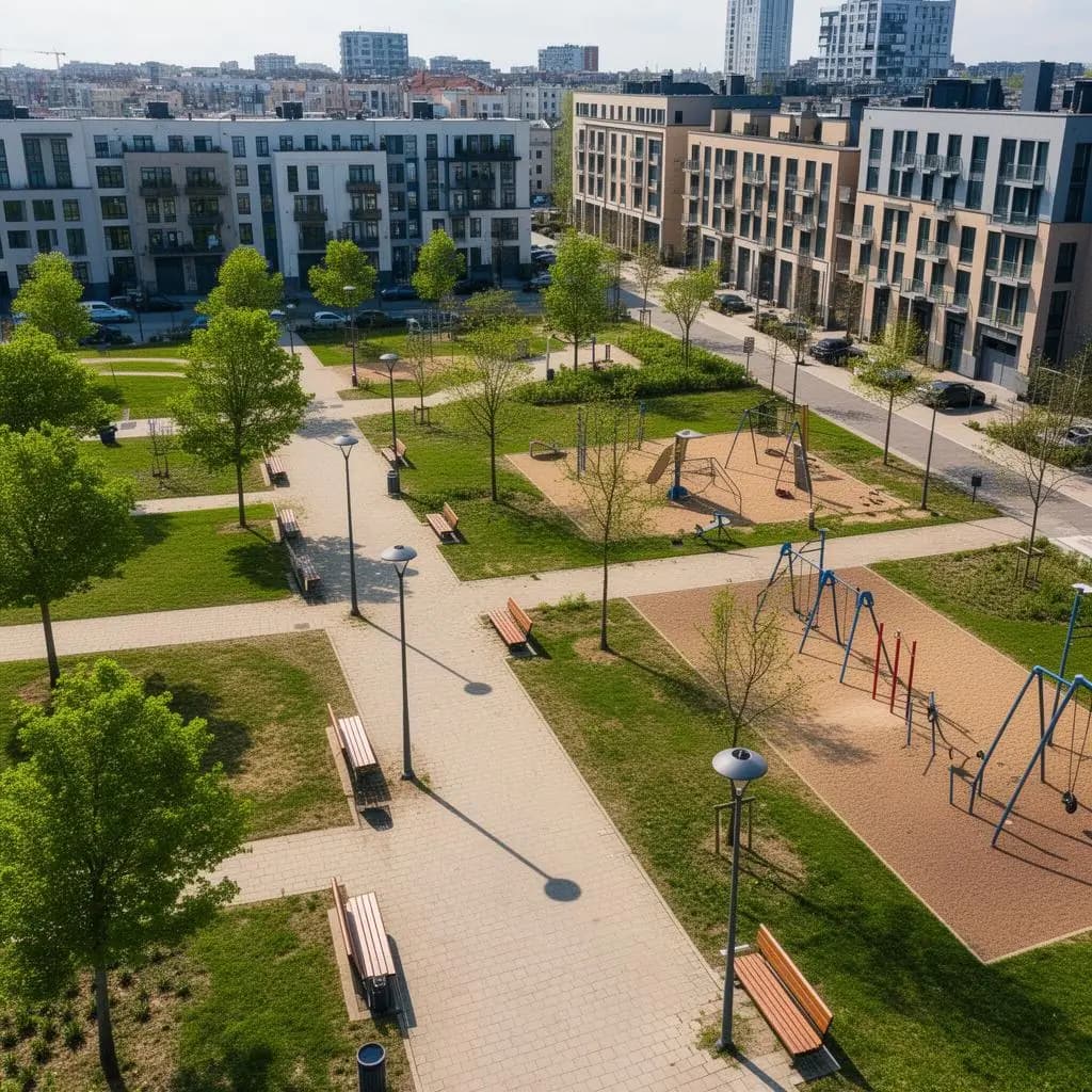 Widok z lotu ptaka na osiedle z infrastrukturą